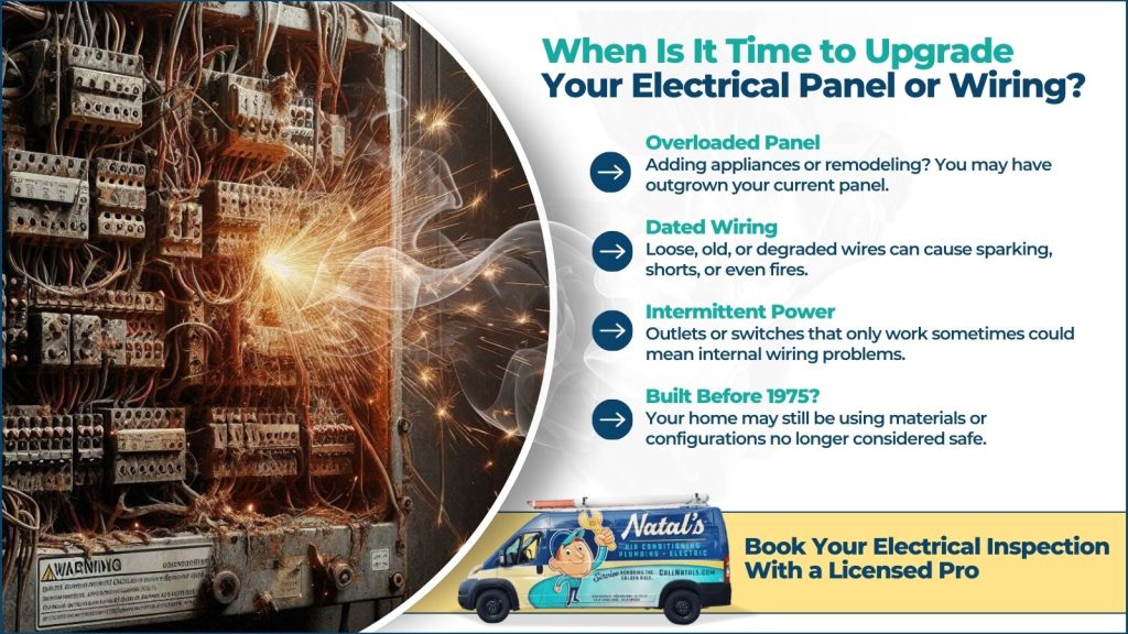 This is an image of an old sparking electrical panel. The headline reads. When is it time to upgrade your electrical panel or wiring?