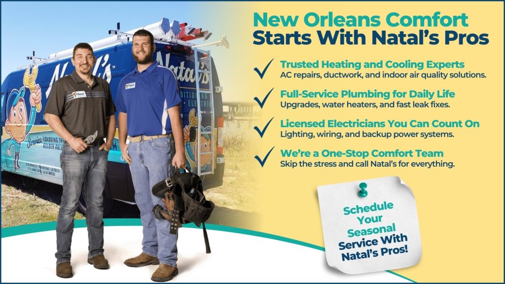 This is an image of two of Natal's HVAC pros standing in front of Natal's van. The headline reads New Orleans. Comfort starts with Natal's pros.