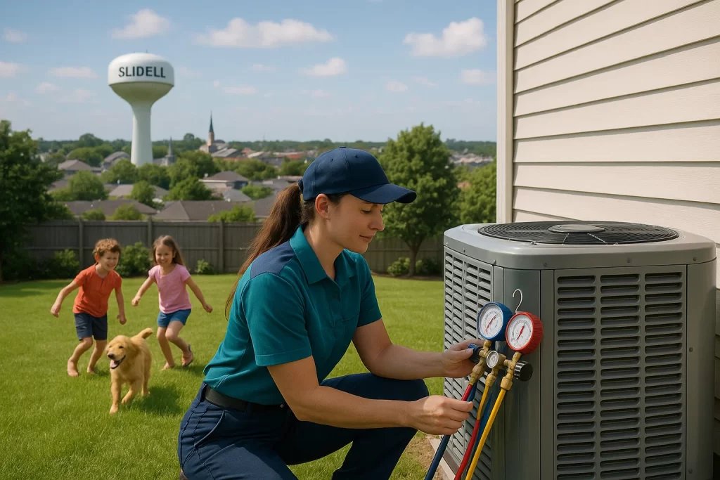 A female hvac technician wearing a teal and dark blue uniform and a dark blue baseball type hat kneels on the side of a residential home checking the refrigerant levels of an ac condenser unit with a refrigerant gauge.