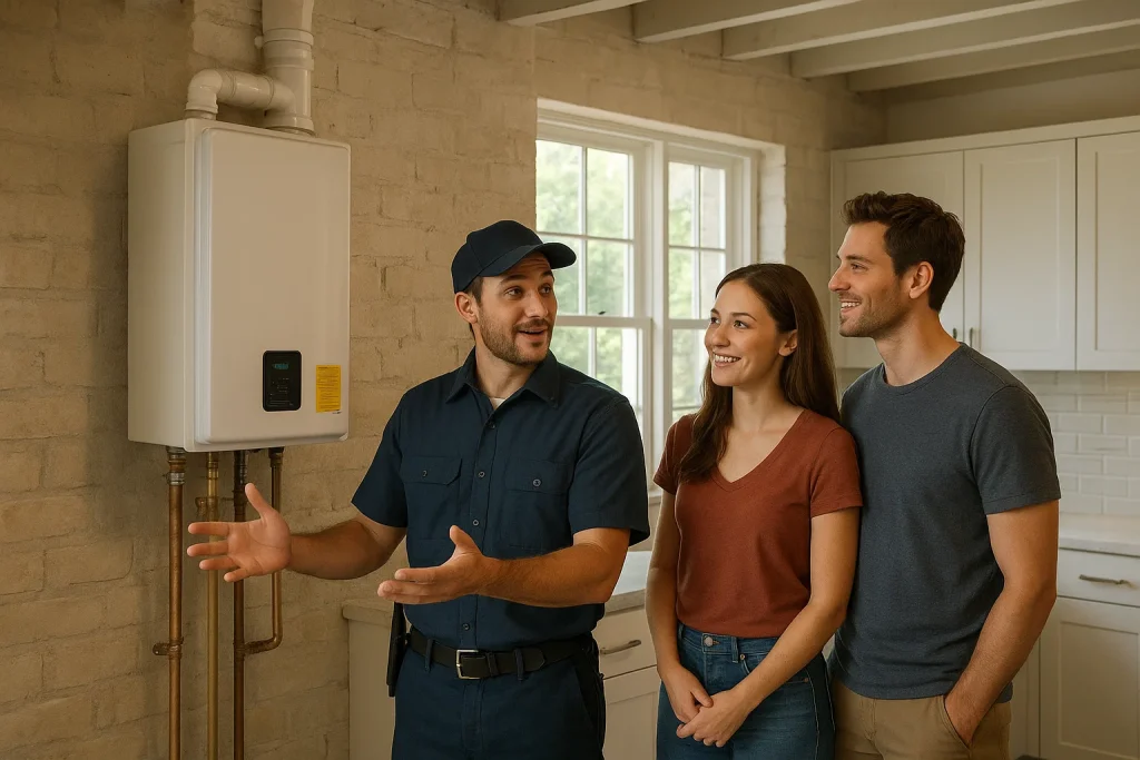Couple with technician reviewing new tankless water heater in modern New Orleans kitchen