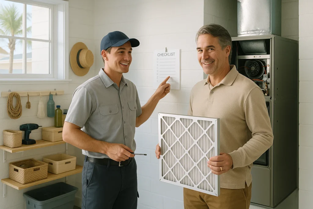 Homeowner reviewing fall preparation checklist with technician beside HVAC unit