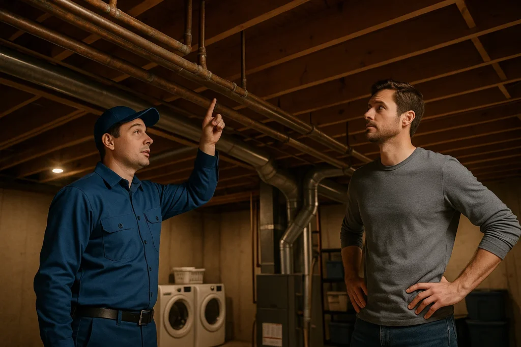 The plumber explains why the homeowner's old crowded pipes need to be replaced.