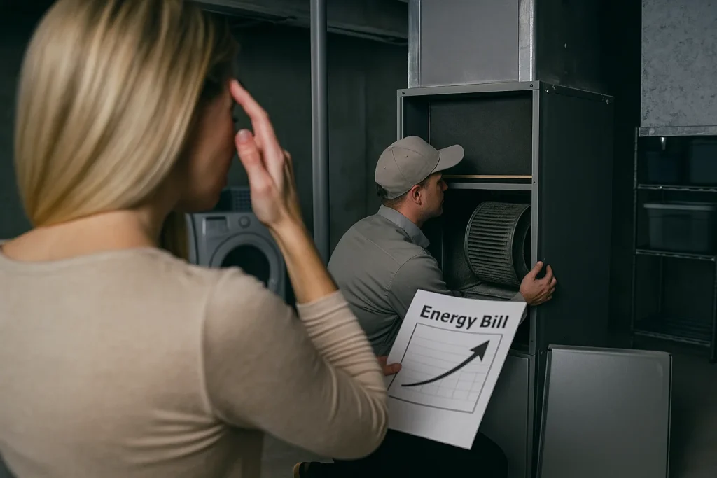 homeowner worried with high energy bill while technician inspects dusty HVAC air handler