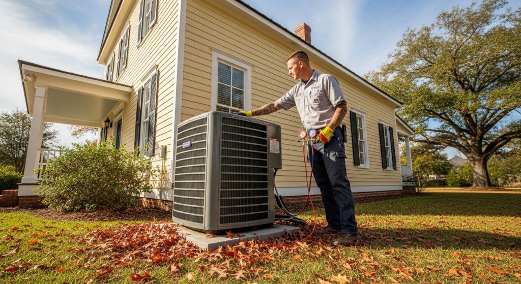 An HVAC technician with a hand on an air conditioning unit. The ac unit is against the side of the house. The home is in Louisiana and it's fall.