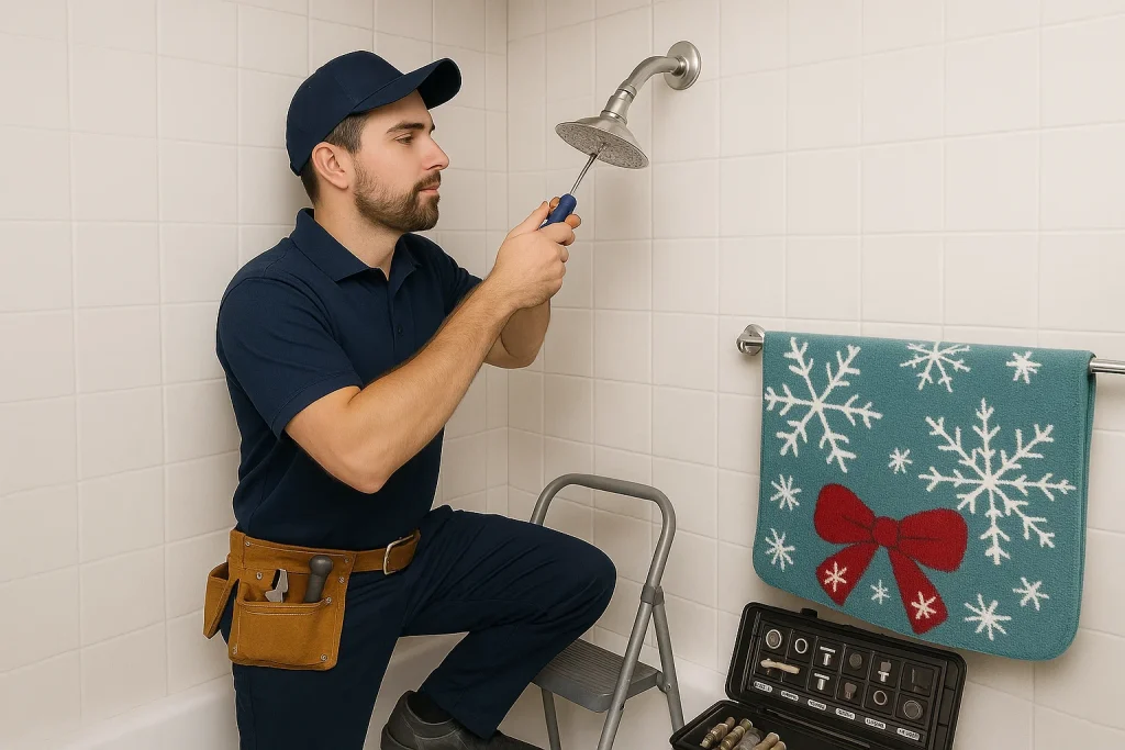 Plumber installing a new water-saving shower head before holiday guests arrive.