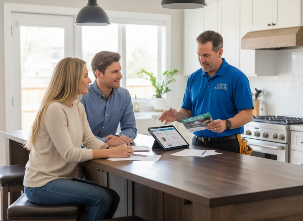 An HVAC technician discussing tax breaks to a homeowner couple in their kitchen.